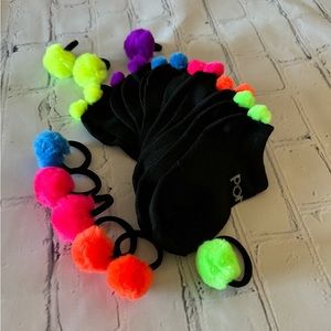 Pom Pom socks and hair tie set. Neon color Pom Pom on black socks.